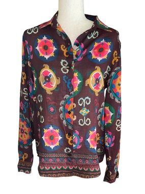 LN Sal Rosa Silk Cotton Brown Multicolored Floral Print Button Down Blouse - M
